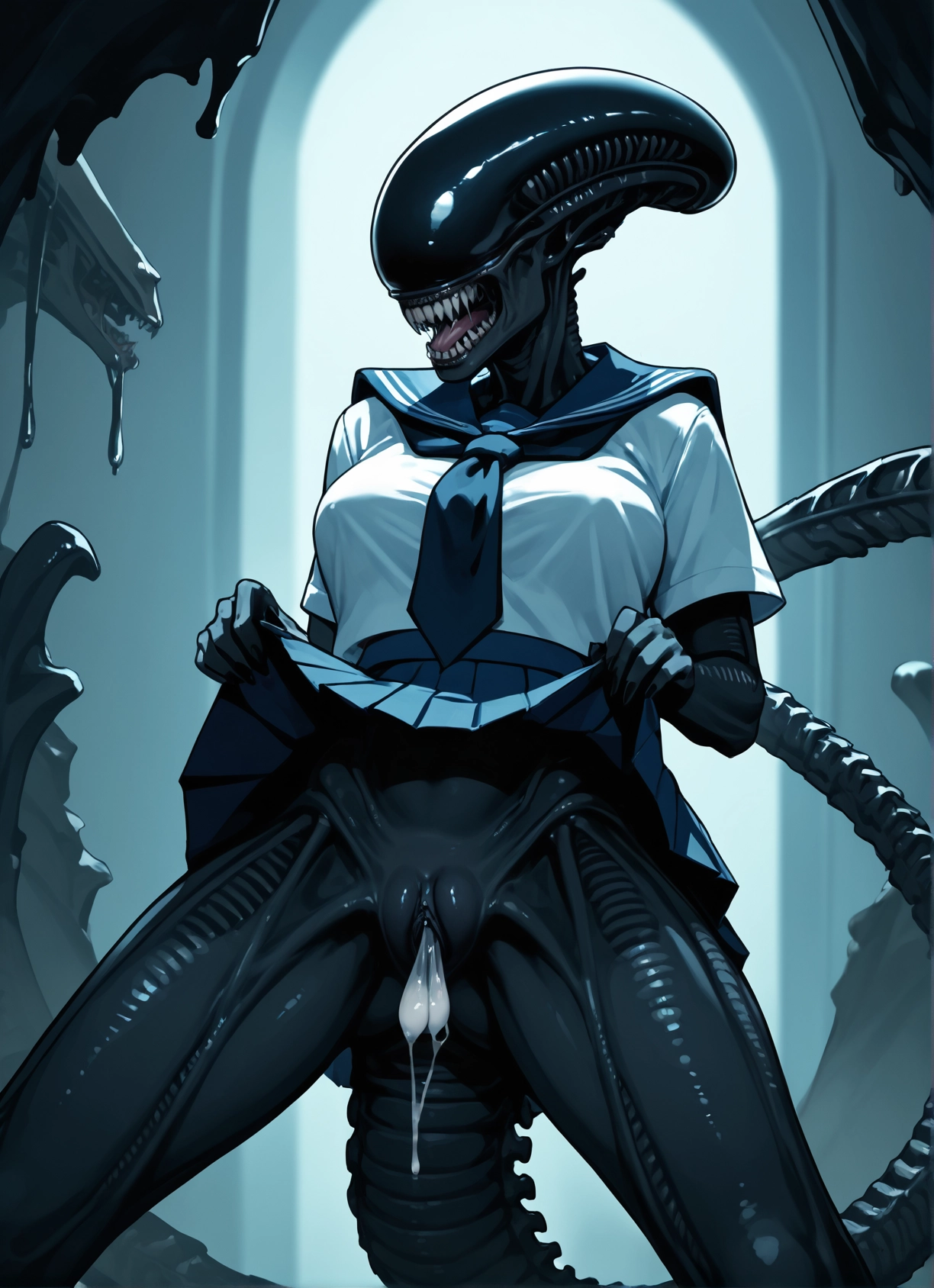 1girl, skirt, school uniform, cum, skirt lift, clothes lift · Yamete.gg