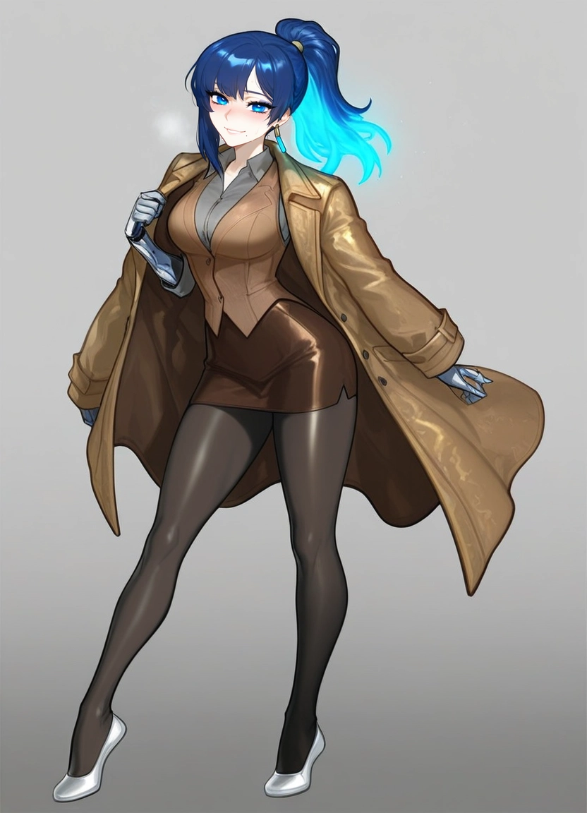 1girl, solo, blue hair, skirt, coat, pantyhose · Yamete.gg