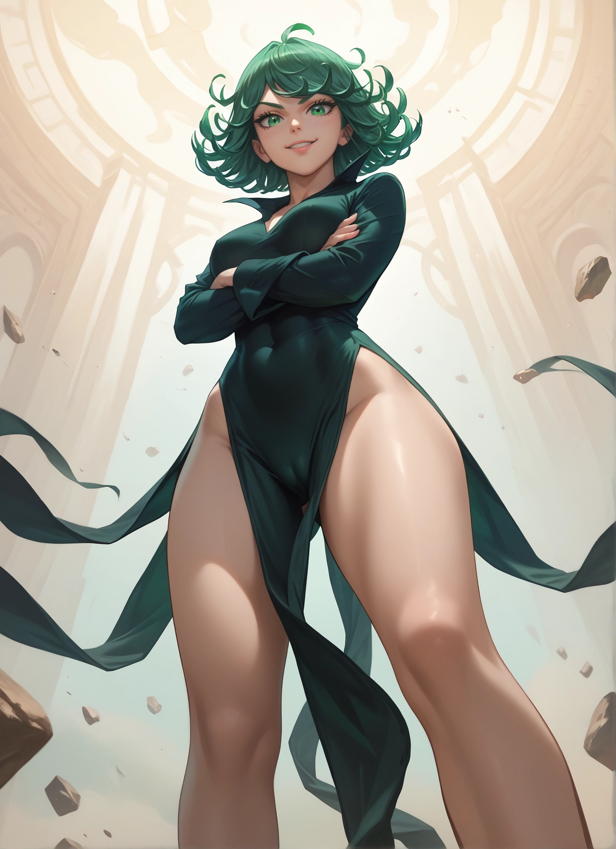 1girl, green eyes, solo, dress, green hair, crossed arms · Yamete.gg