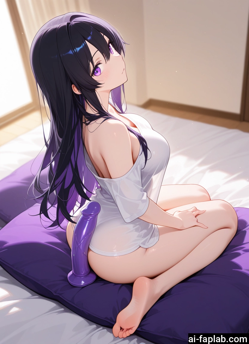 1girl, long hair, solo, breasts, barefoot, purple eyes