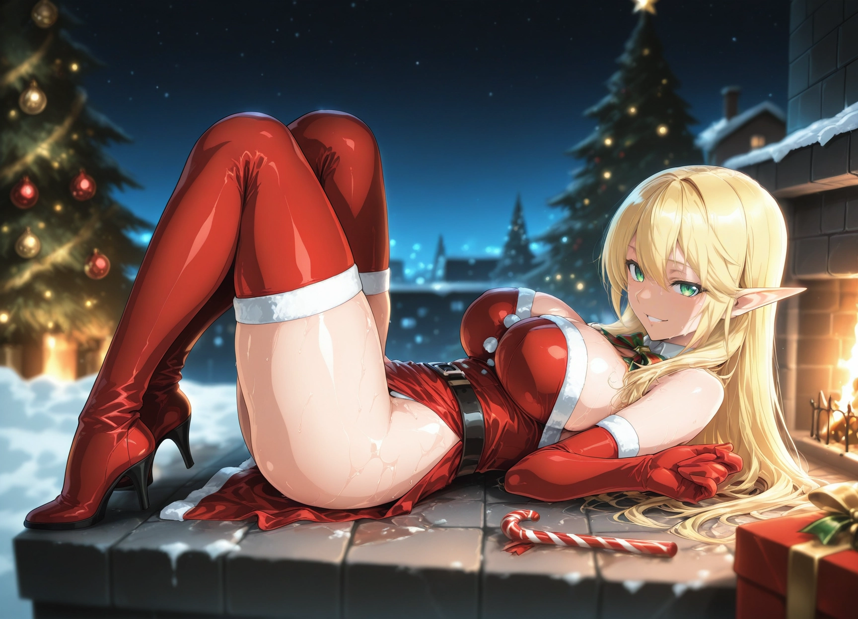 1girl, breasts, blonde hair, pointy ears, gloves, thighhighs · Yamete.gg