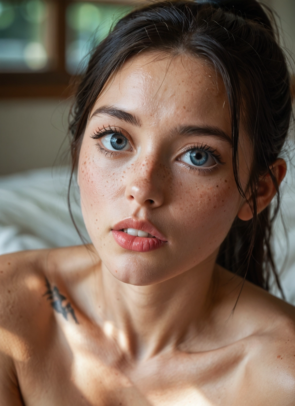 1girl, solo, freckles, blue eyes, looking at viewer, tattoo · Yamete.gg