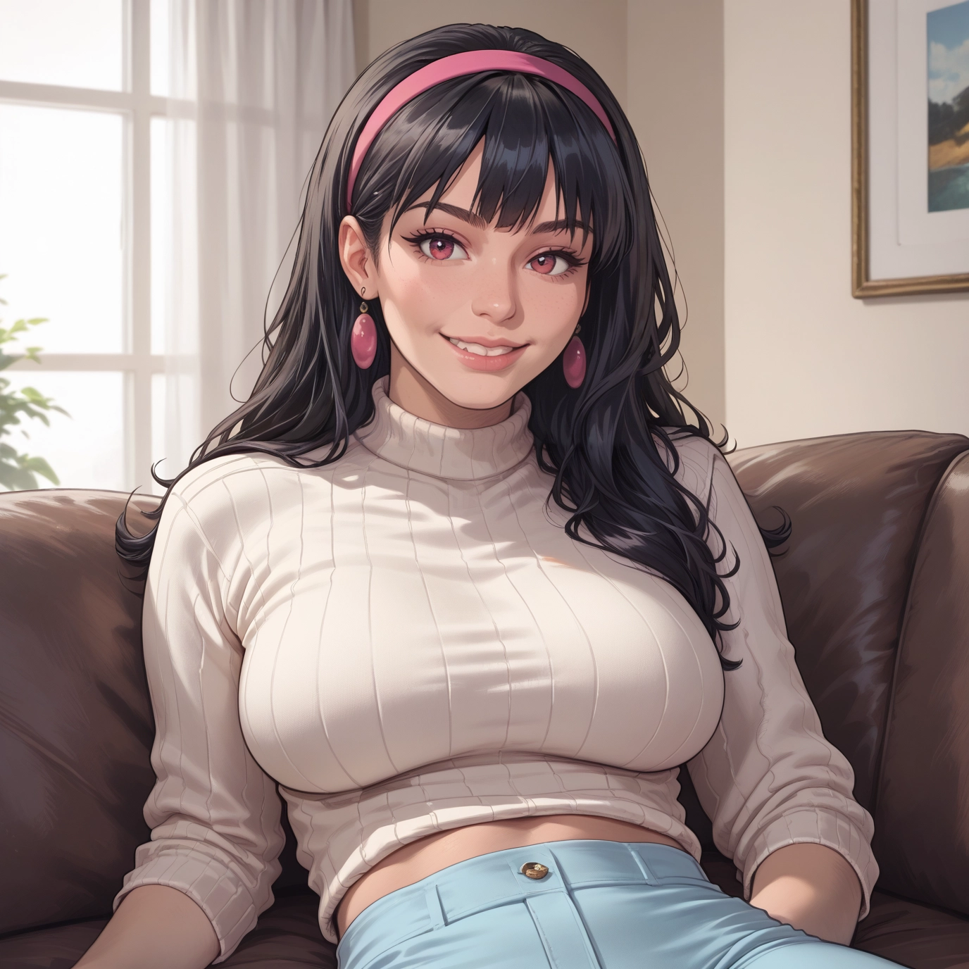 1girl, breasts, jewelry, earrings, sweater, solo · Yamete.gg