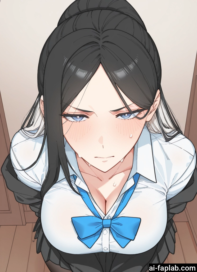 1girl, breasts, cleavage, black hair, blush, shirt
