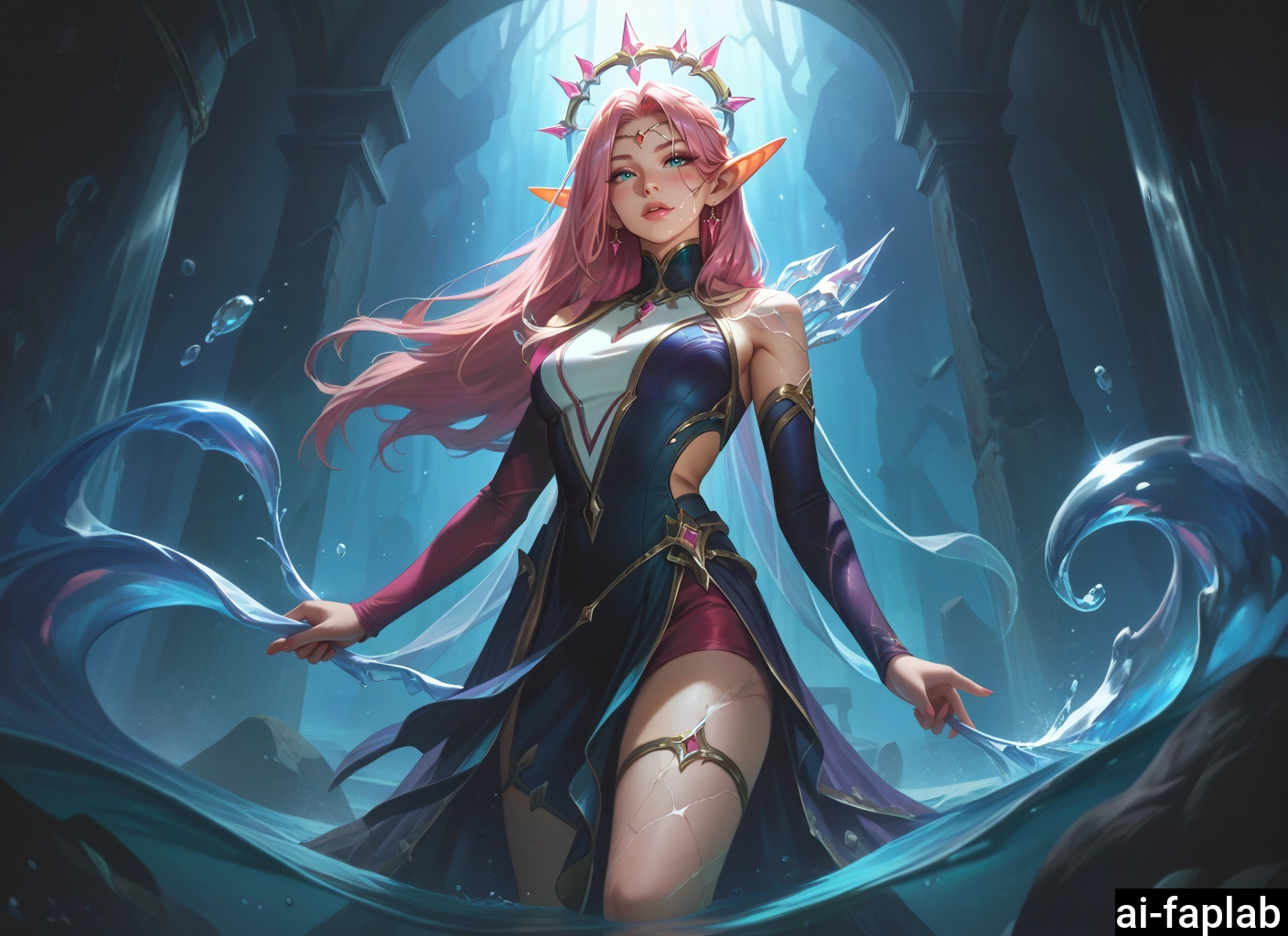 1girl, solo, long hair, pink hair, pointy ears, water · Yamete.gg