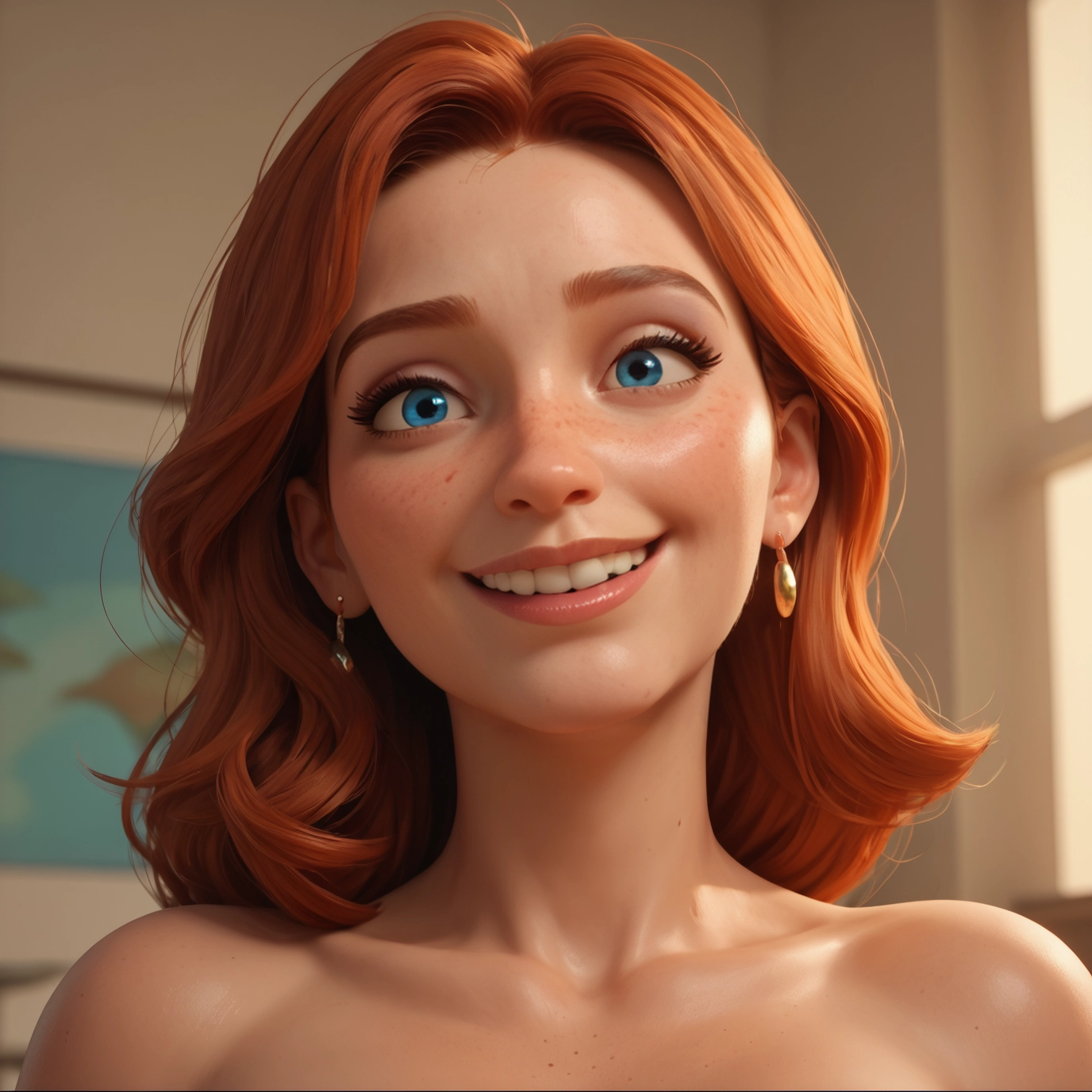1girl, freckles, solo, earrings, jewelry, blue eyes · Yamete.gg