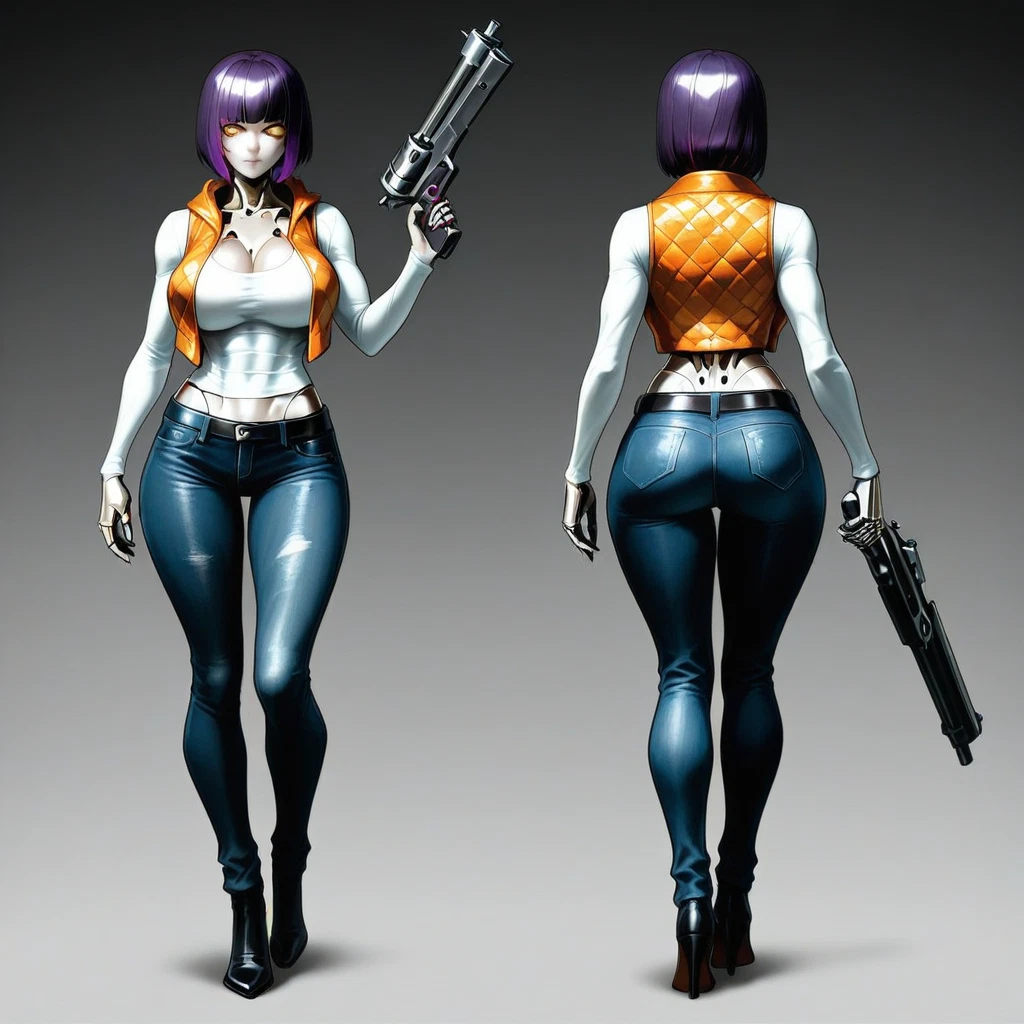 1girl, weapon, gun, breasts, purple hair, multiple views · Yamete.gg