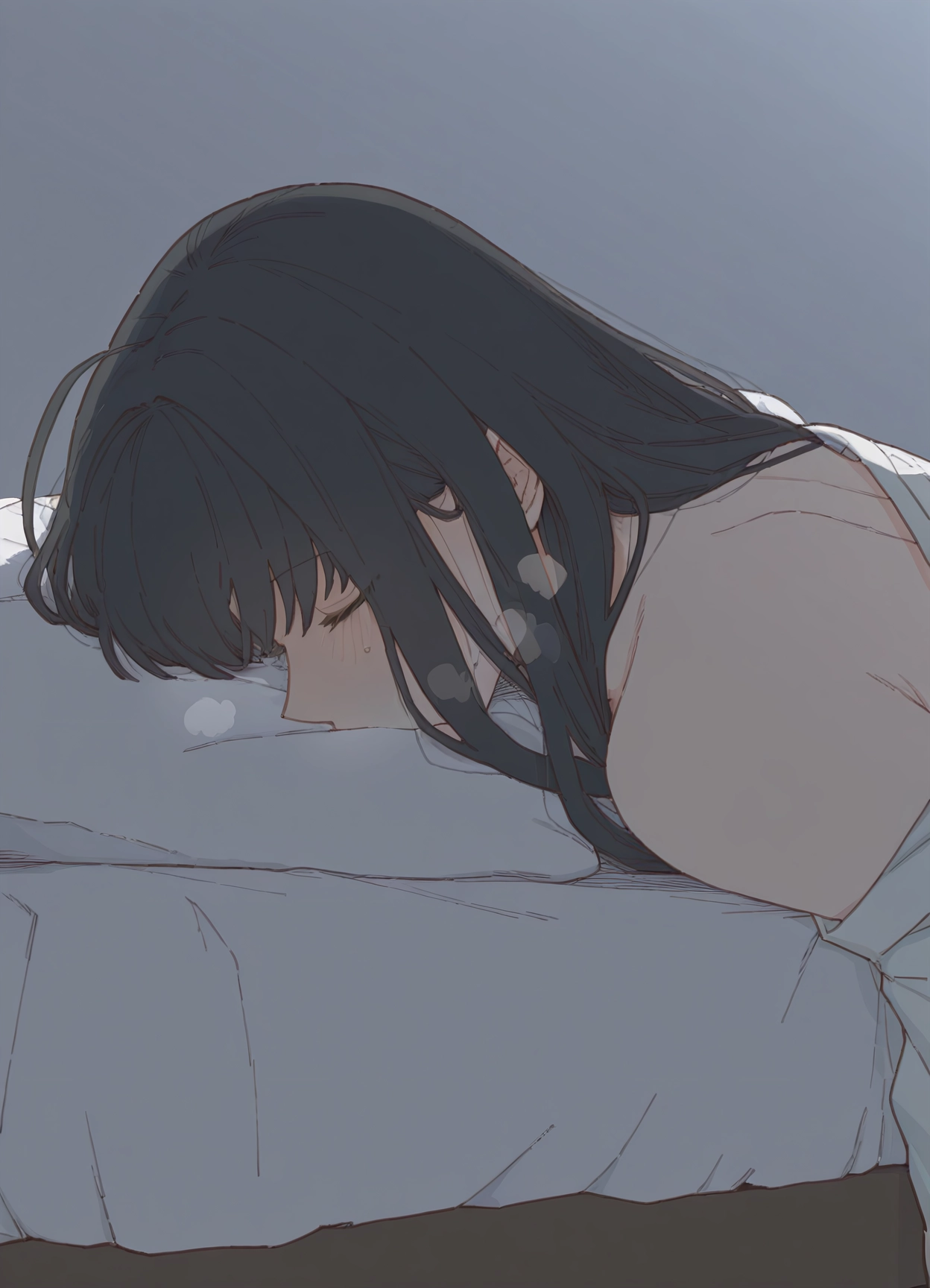 1girl, solo, long hair, closed eyes, black hair, pillow