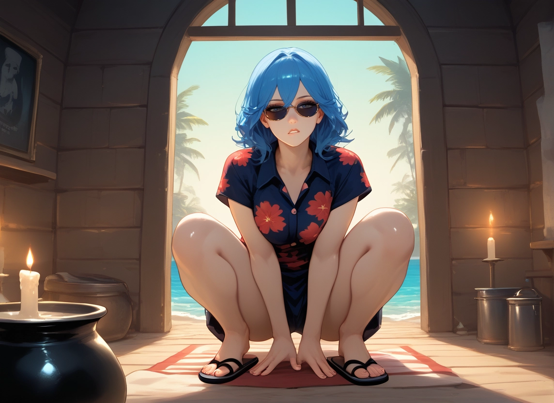 1girl, blue hair, sunglasses, squatting, breasts, candle · Yamete.gg