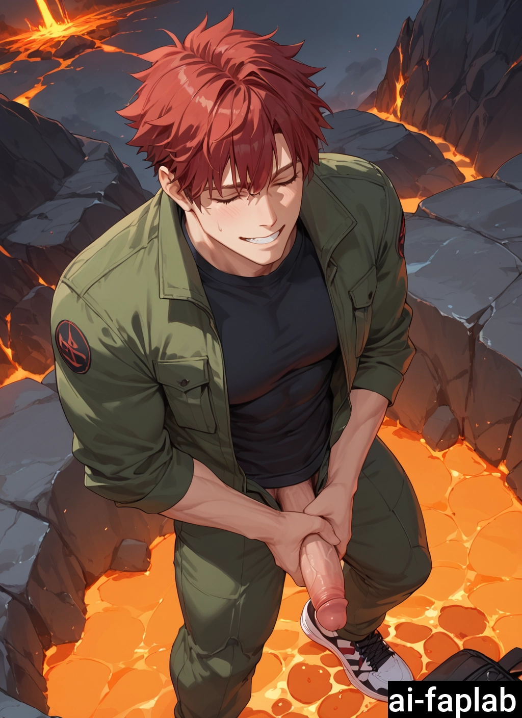 1boy, male focus, penis, solo, red hair, shirt · Yamete.gg