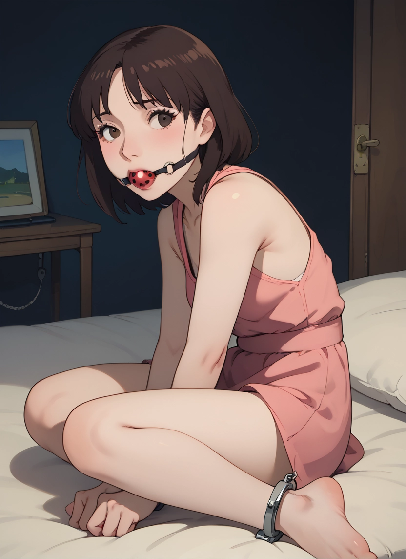 1girl, brown hair, gag, solo, ball gag, brown eyes · Yamete.gg