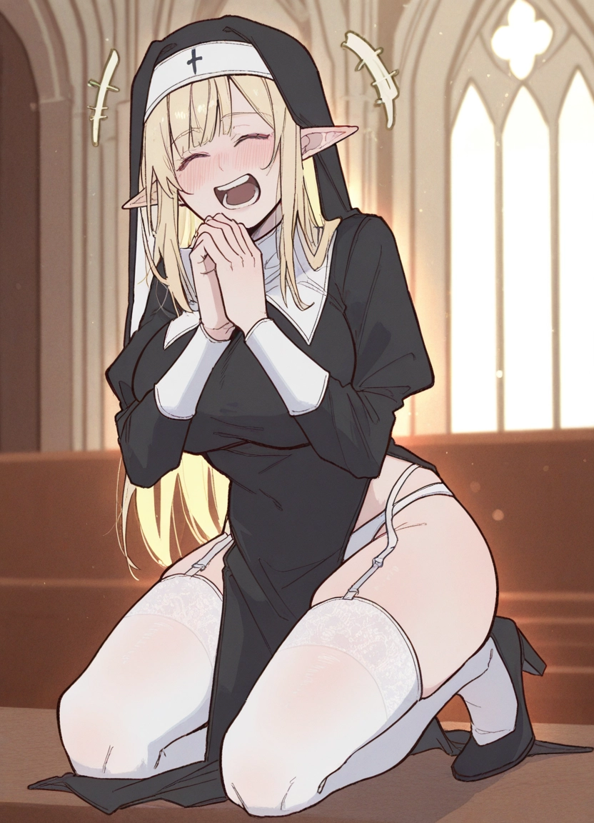1girl, blonde hair, pointy ears, thighhighs, nun, closed eyes · Yamete.gg
