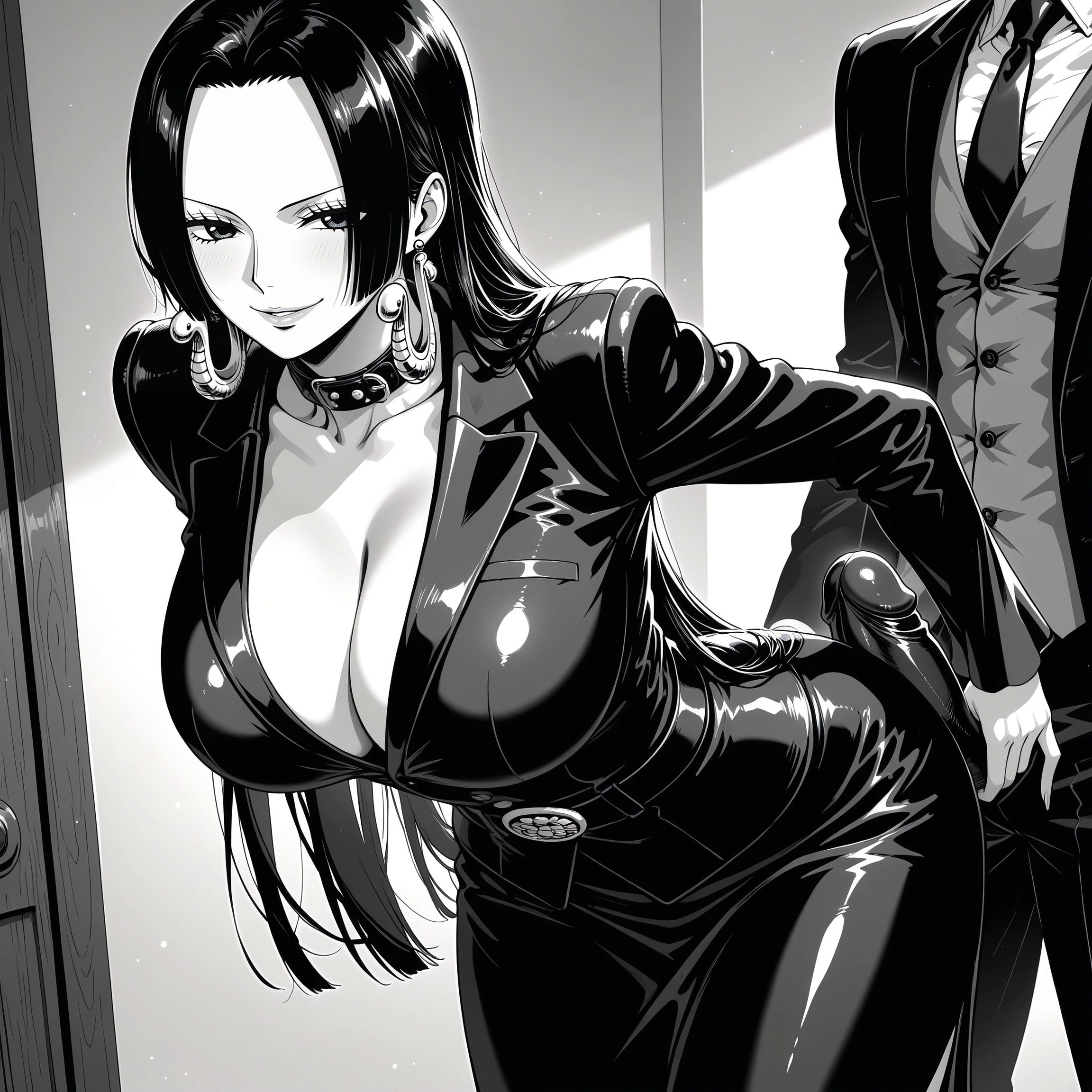 1girl, breasts, monochrome, greyscale, 1boy, jewelry · Yamete.gg