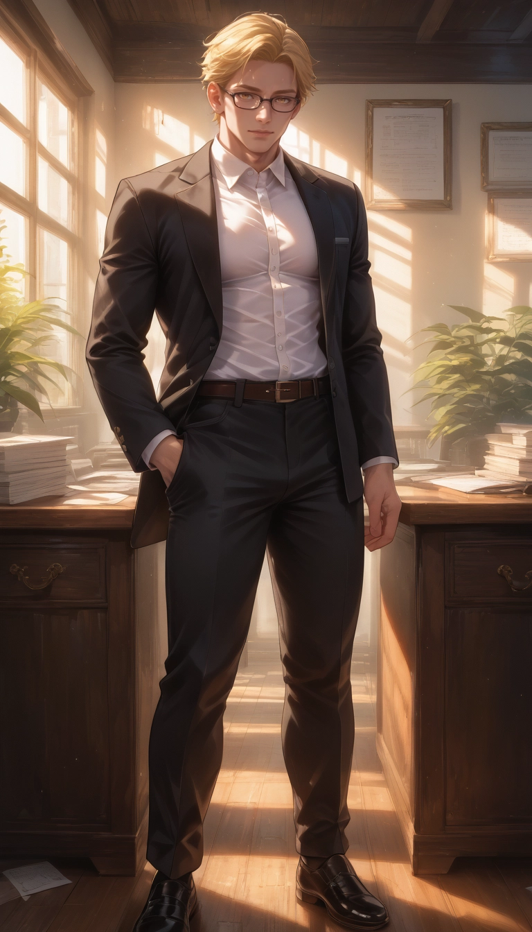 1boy, male focus, solo, pants, glasses, blonde hair · Yamete.gg