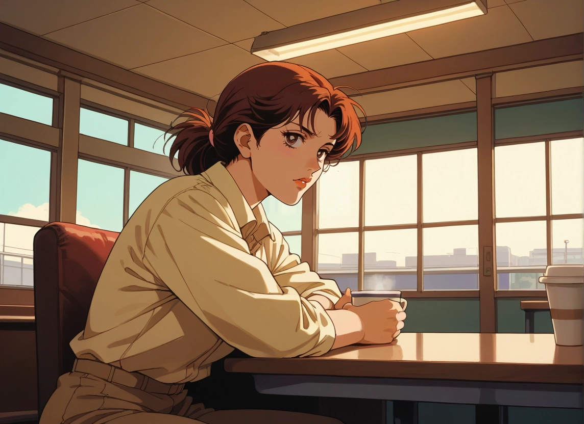 1girl, solo, brown hair, sitting, cup, looking at viewer · Yamete.gg