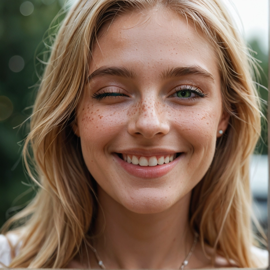 1girl, solo, jewelry, one eye closed, freckles, blonde hair · Yamete.gg