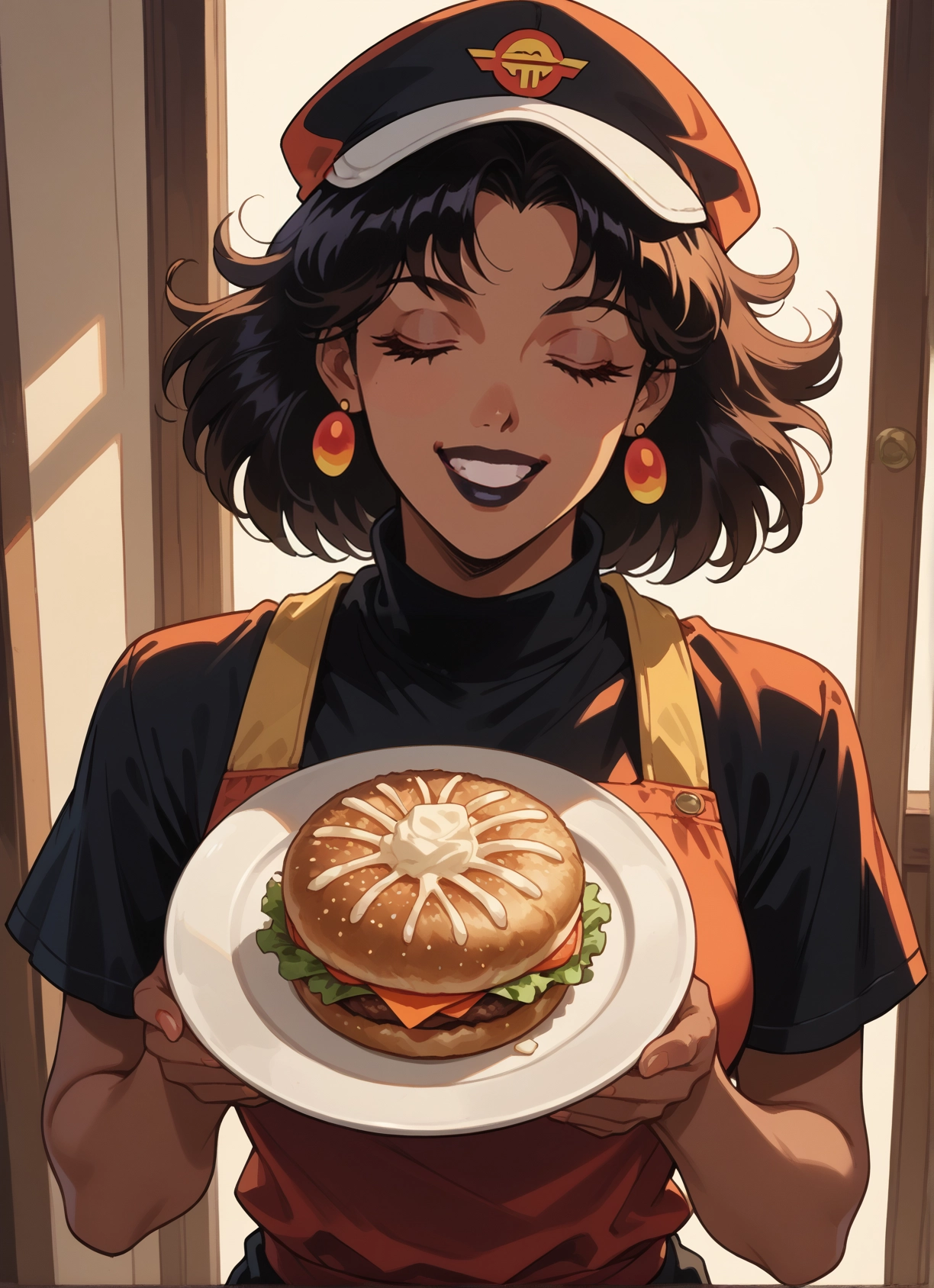 1girl, food, jewelry, solo, earrings, burger · Yamete.gg