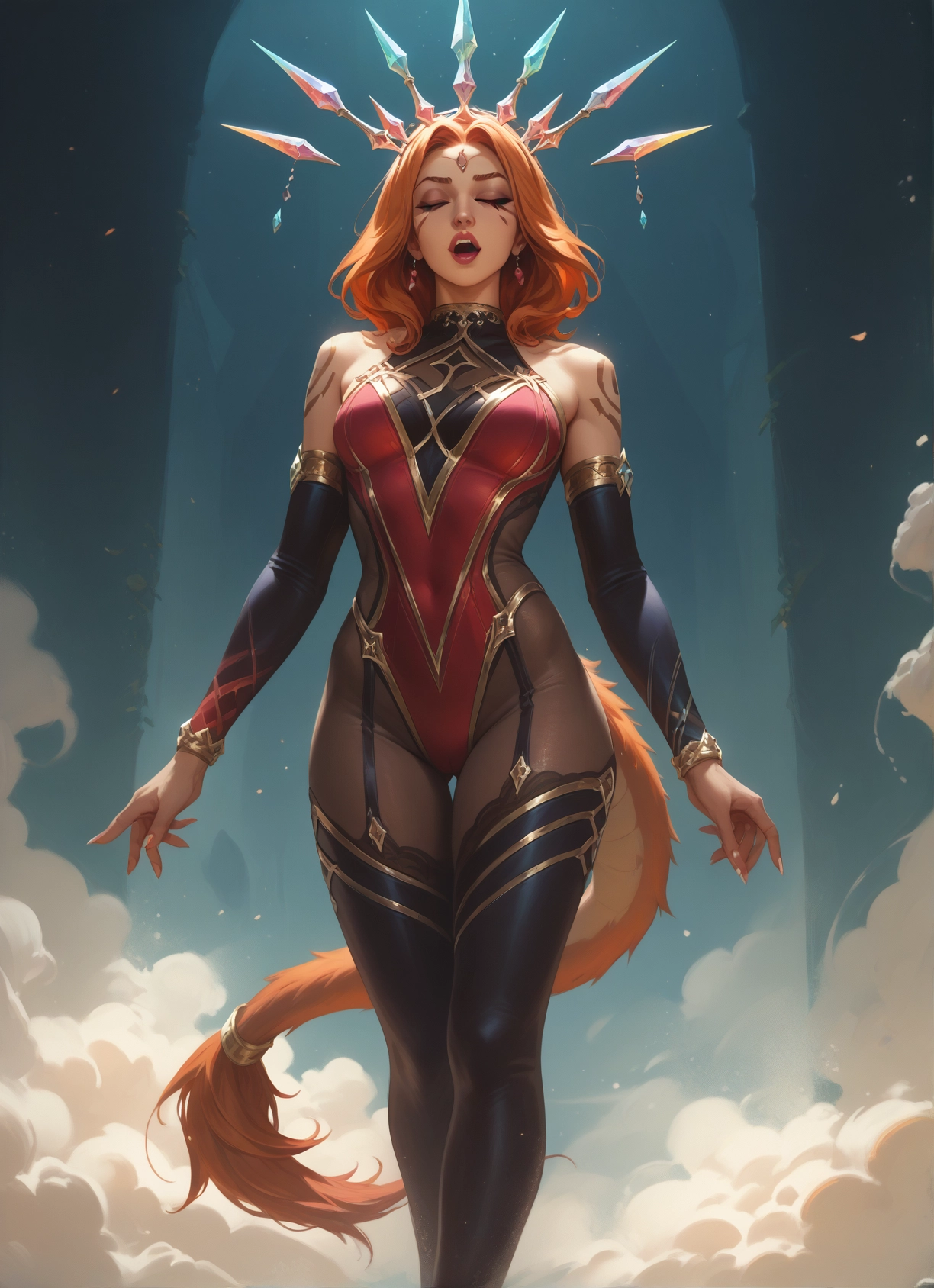 1girl, solo, tail, jewelry, closed eyes, earrings · Yamete.gg