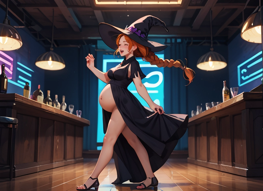 1girl, hat, witch hat, dress, pregnant, braid · Yamete.gg