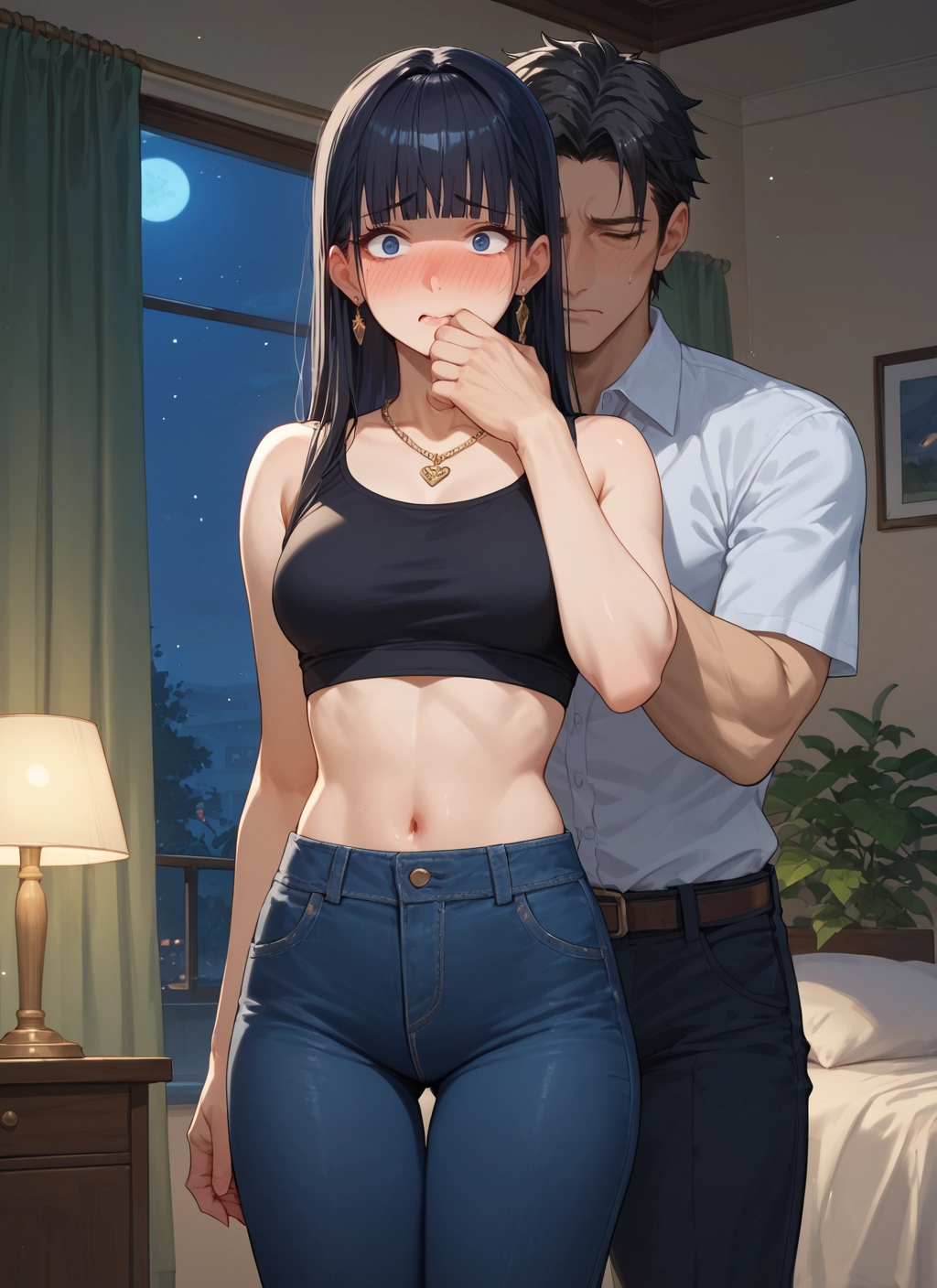 1girl, 1boy, blush, black hair, navel, pants · Yamete.gg