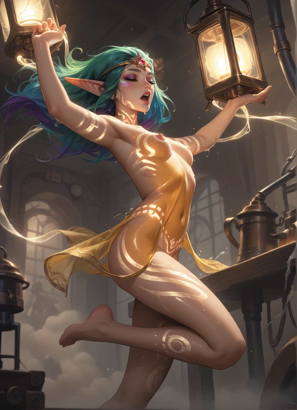 breasts, pointy ears, nipples, barefoot, pubic tattoo, tattoo · Yamete.gg