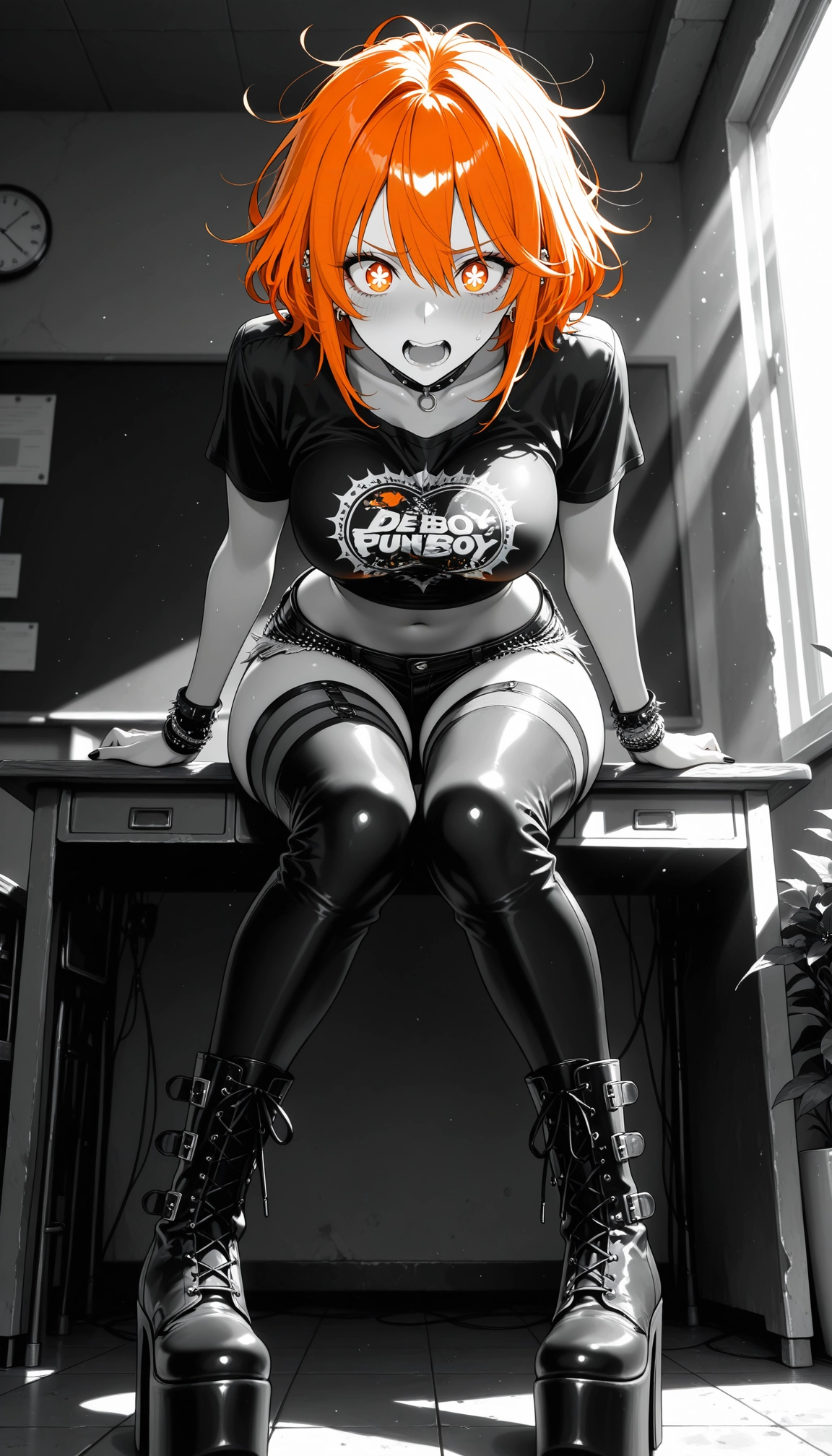 1girl, orange hair, solo, breasts, thighhighs, indoors · Yamete.gg