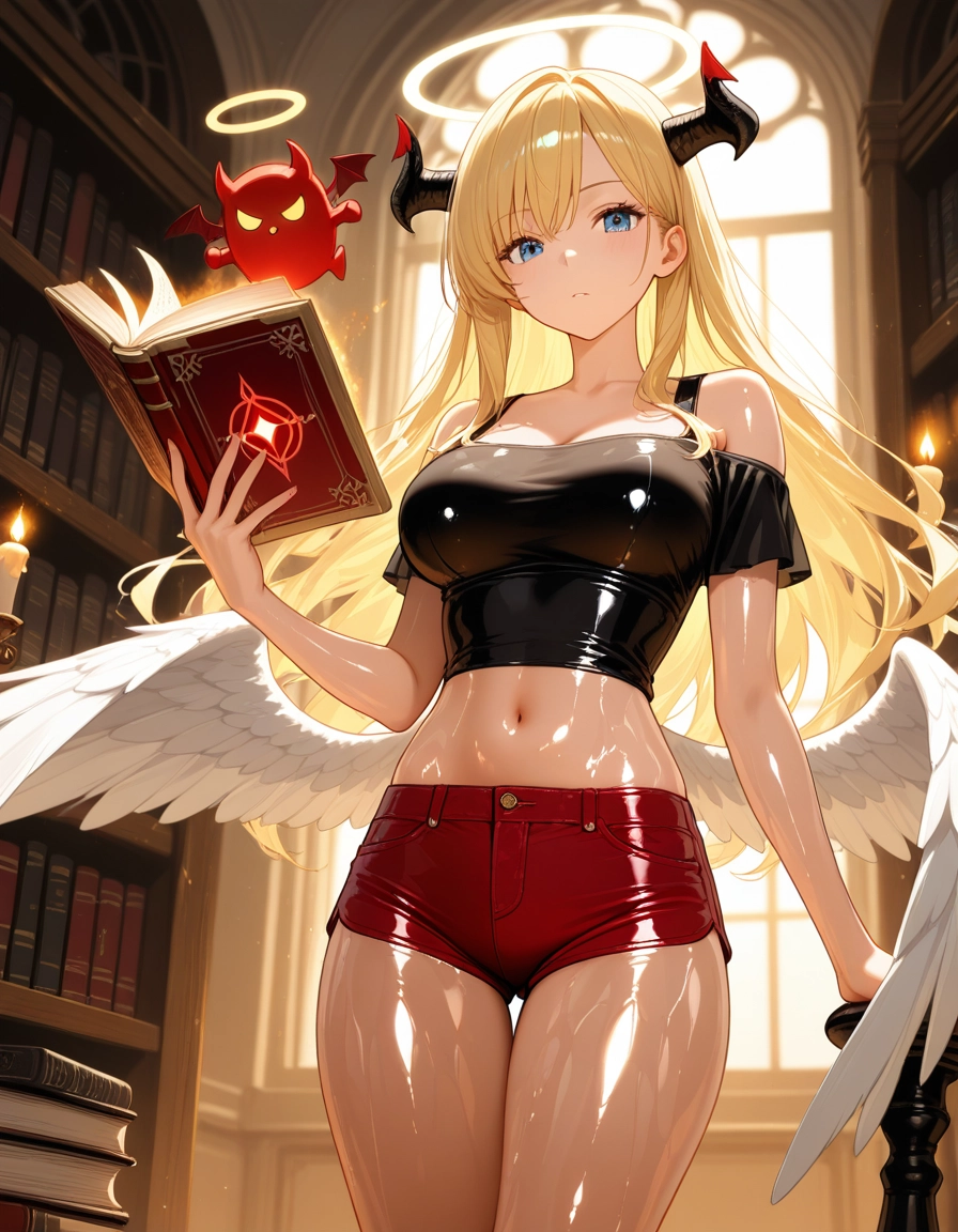 1girl, blonde hair, breasts, wings, shorts, blue eyes · Yamete.gg