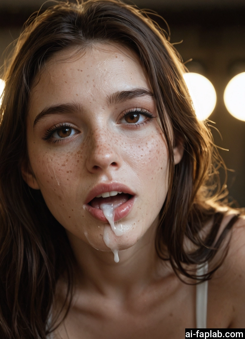 1girl, solo, cum, cum in mouth, freckles, brown eyes