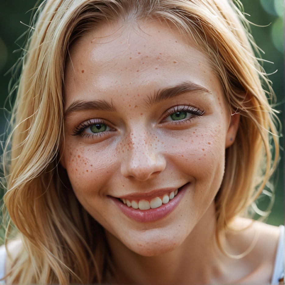 1girl, solo, blonde hair, freckles, green eyes, smile · Yamete.gg