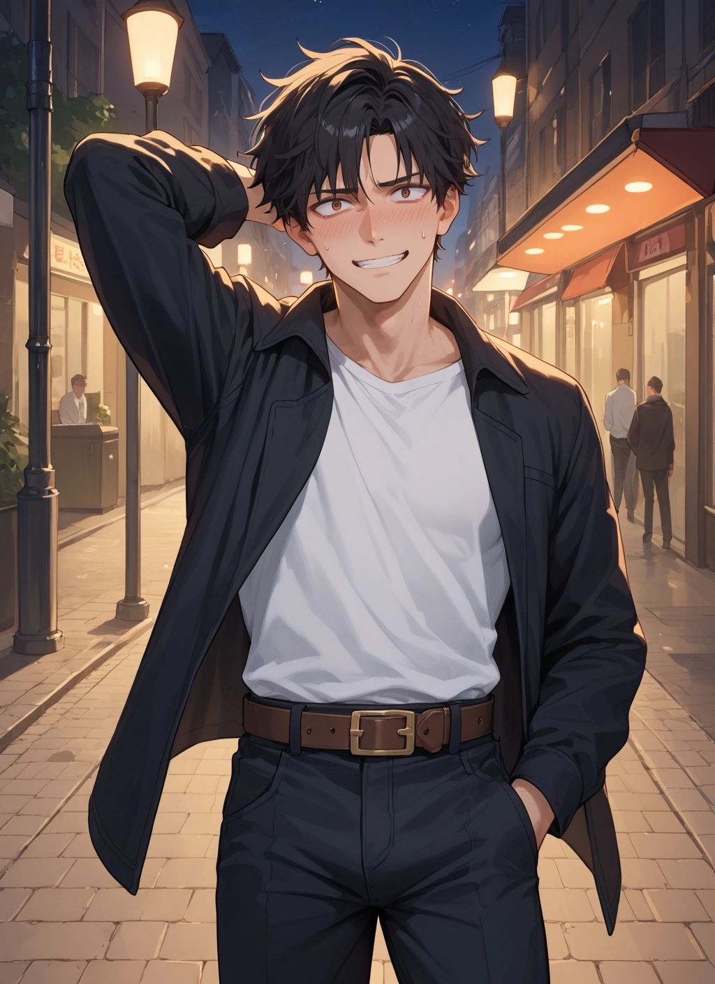 blush, black hair, belt, male focus, shirt, pants · Yamete.gg