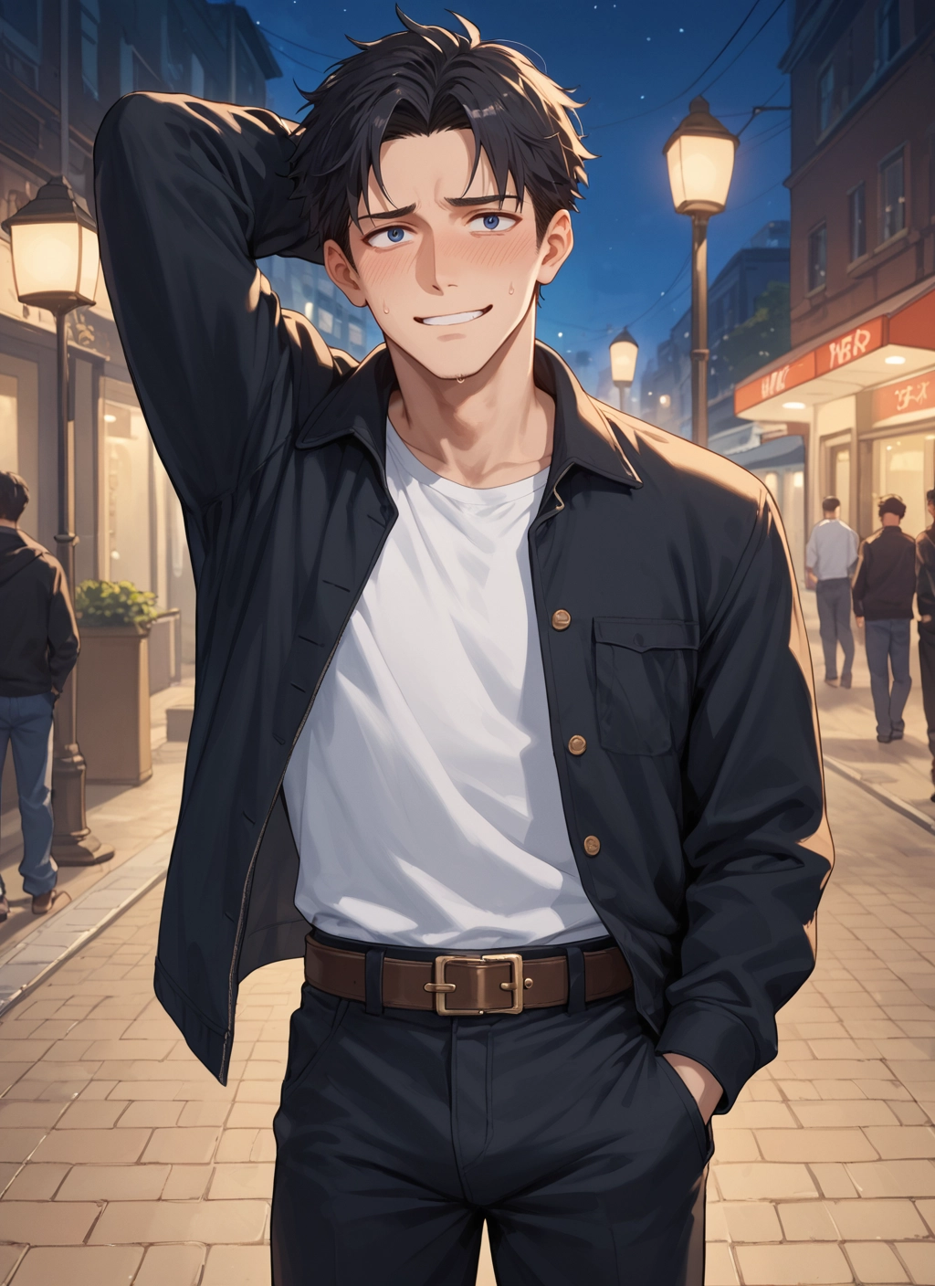 blue eyes, blush, black hair, jacket, shirt, male focus · Yamete.gg