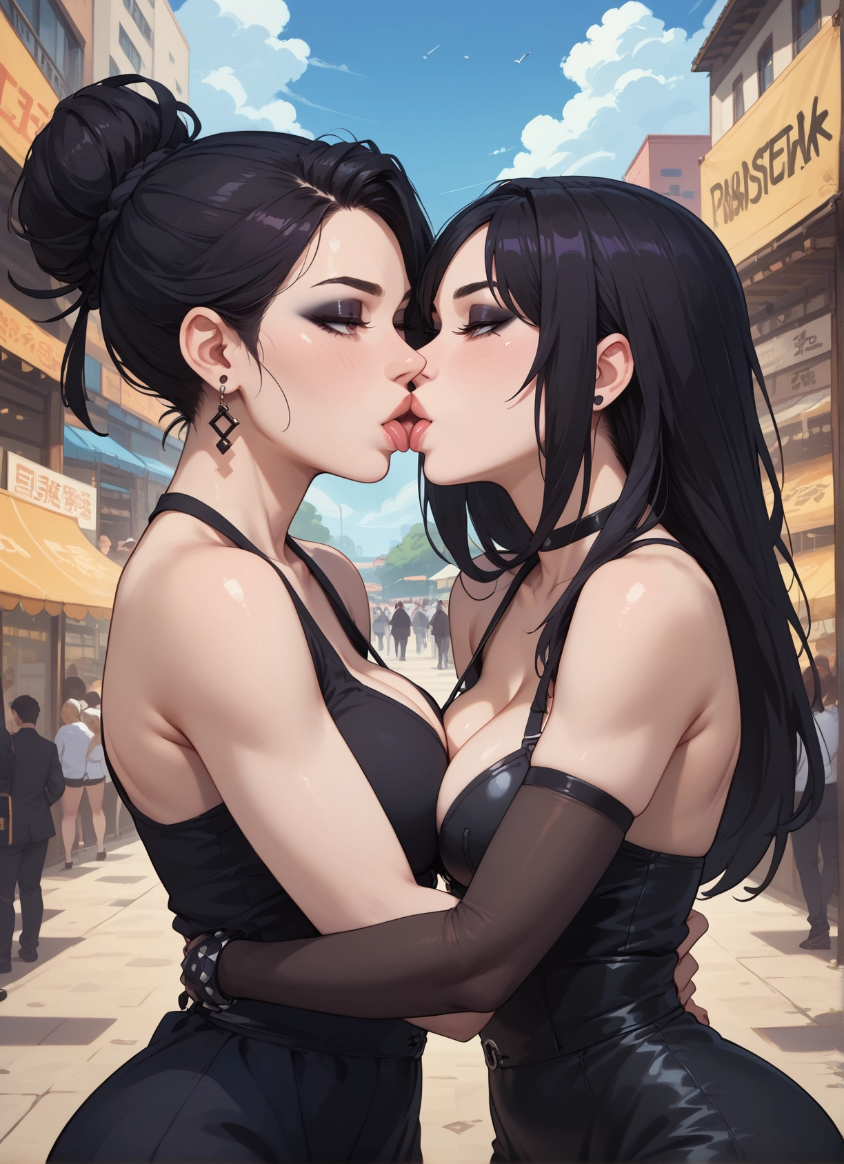 breasts, multiple girls, black hair, kiss, 2girls, jewelry · Yamete.gg