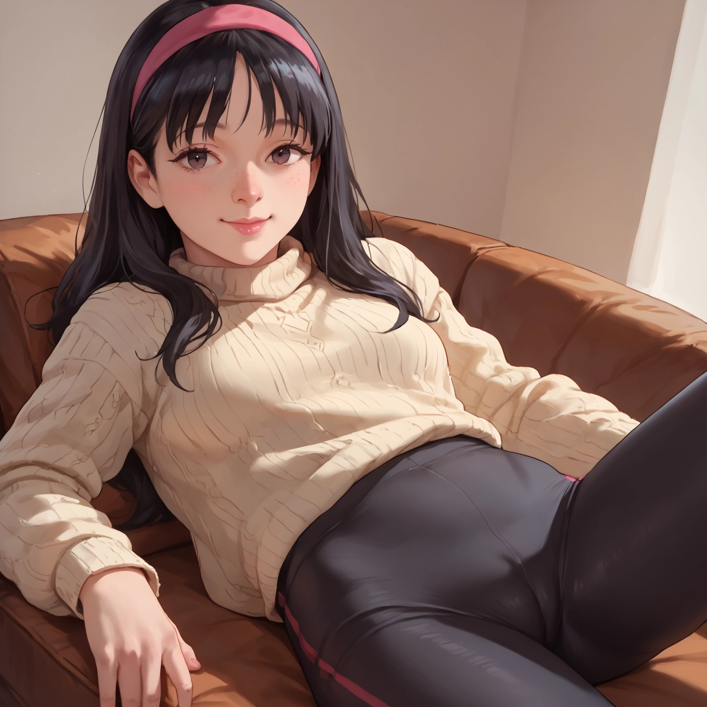 1girl, solo, sweater, black hair, hairband, looking at viewer · Yamete.gg