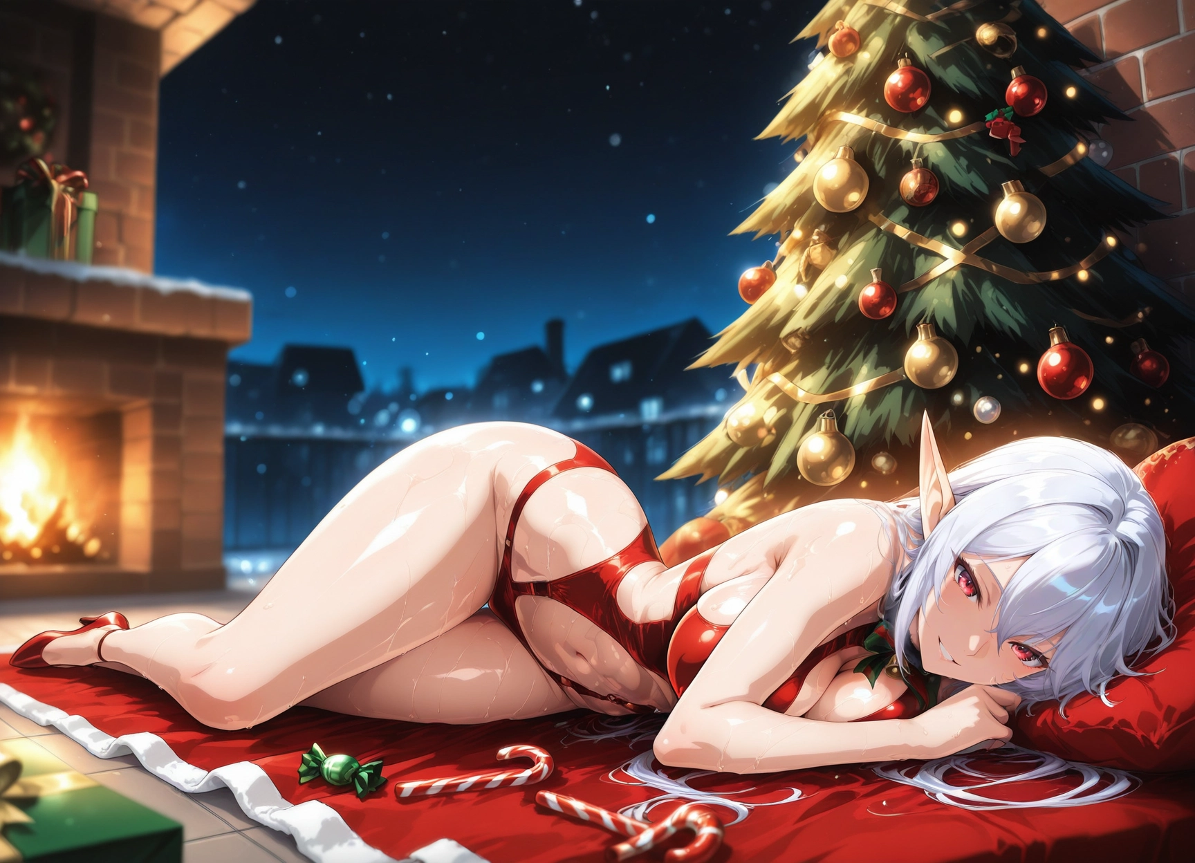 1girl, breasts, pointy ears, solo, lying, food · Yamete.gg