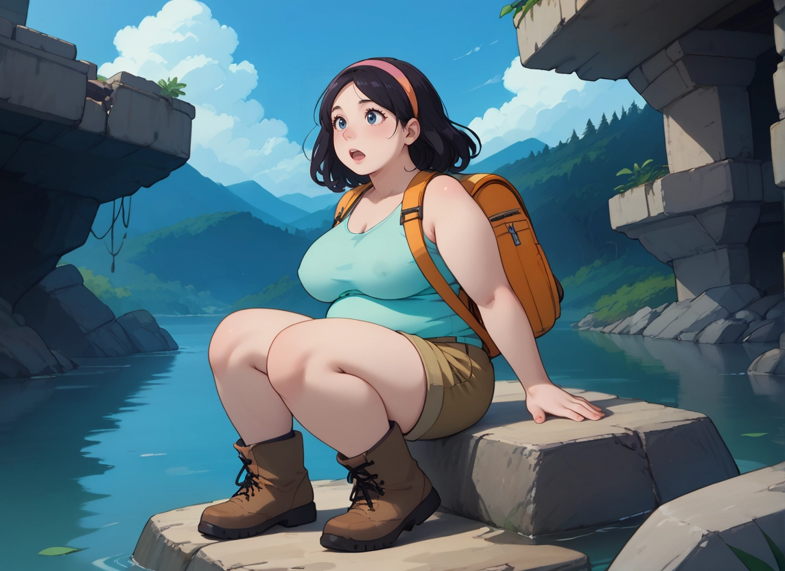 1girl, breasts, backpack, shorts, bag, outdoors