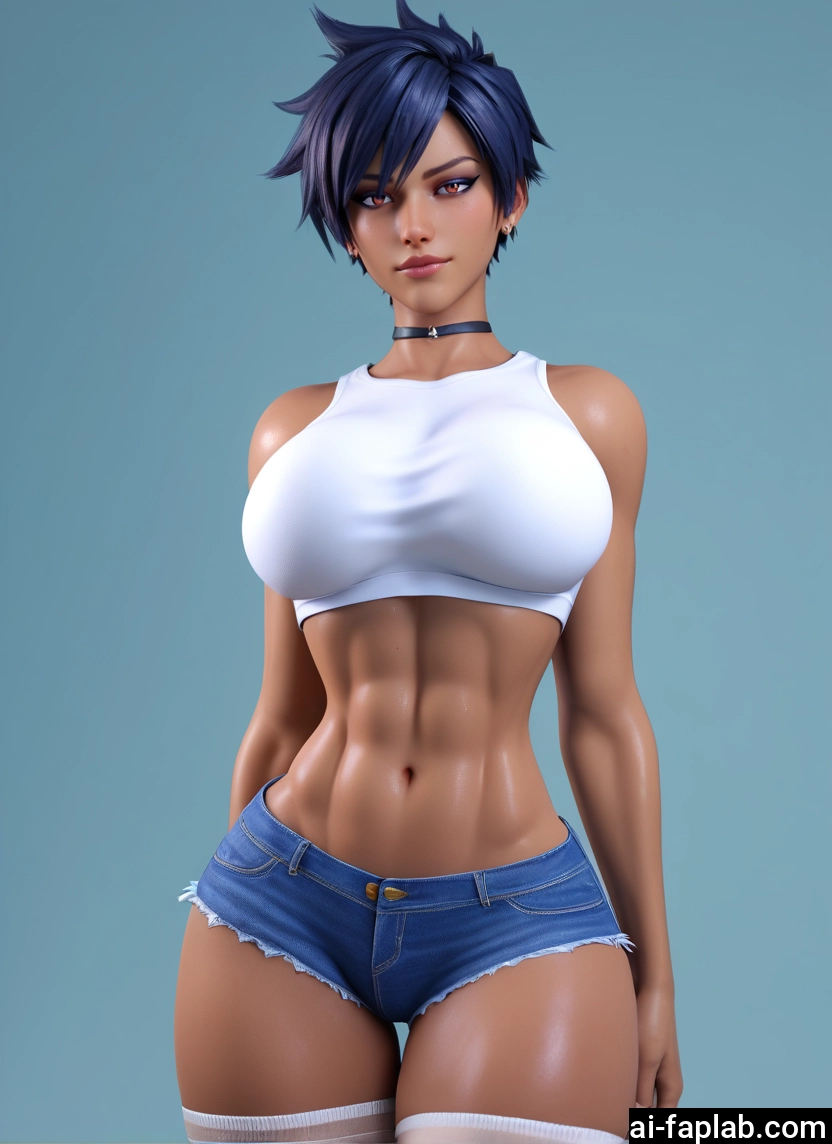 1girl, shorts, breasts, short hair, choker, solo · Yamete.gg