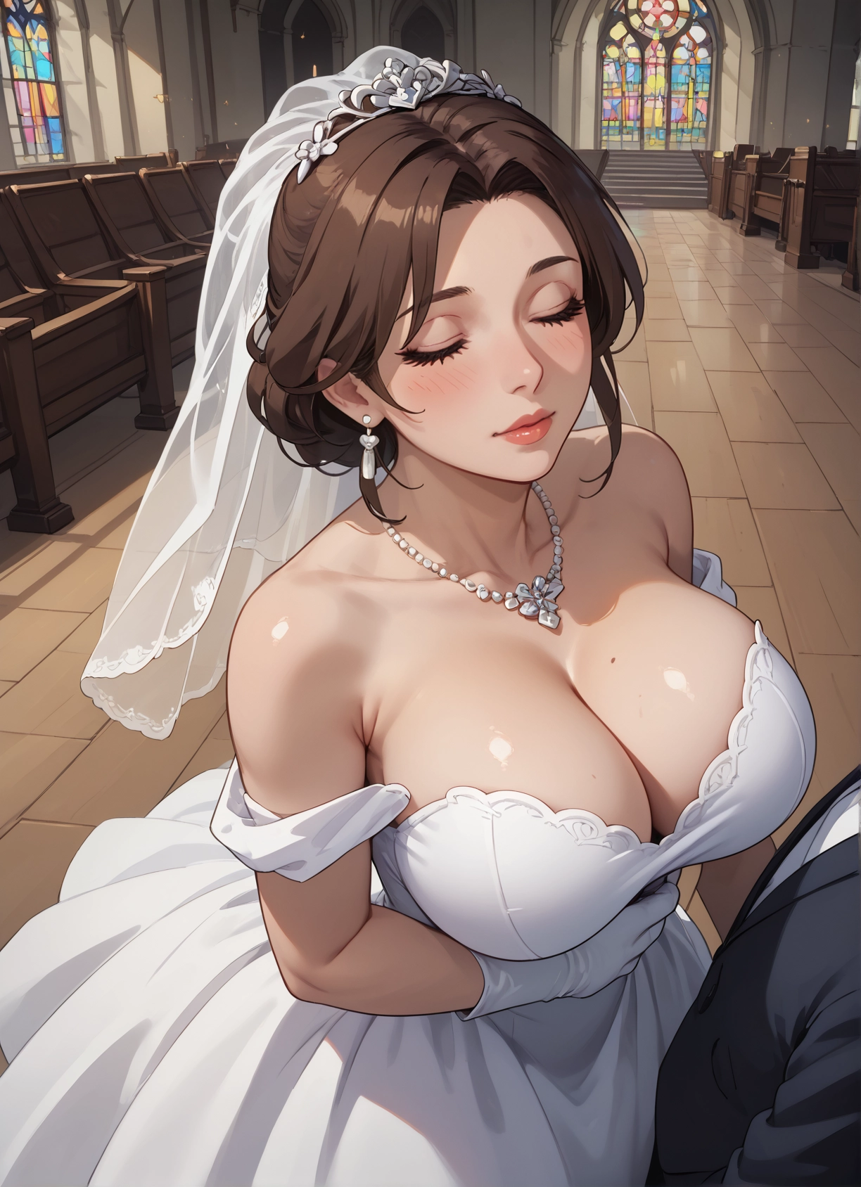 breasts, dress, 1girl, brown hair, closed eyes, jewelry · Yamete.gg