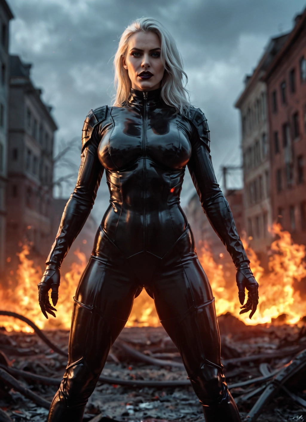 1girl, bodysuit, solo, fire, breasts, blue eyes · Yamete.gg