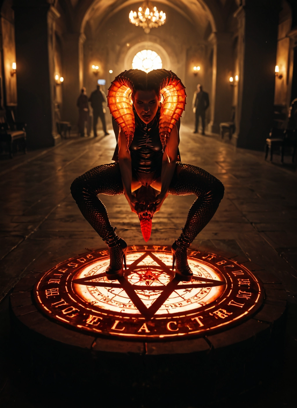 horns, 1girl, pussy, magic circle, high heels, squatting · Yamete.gg