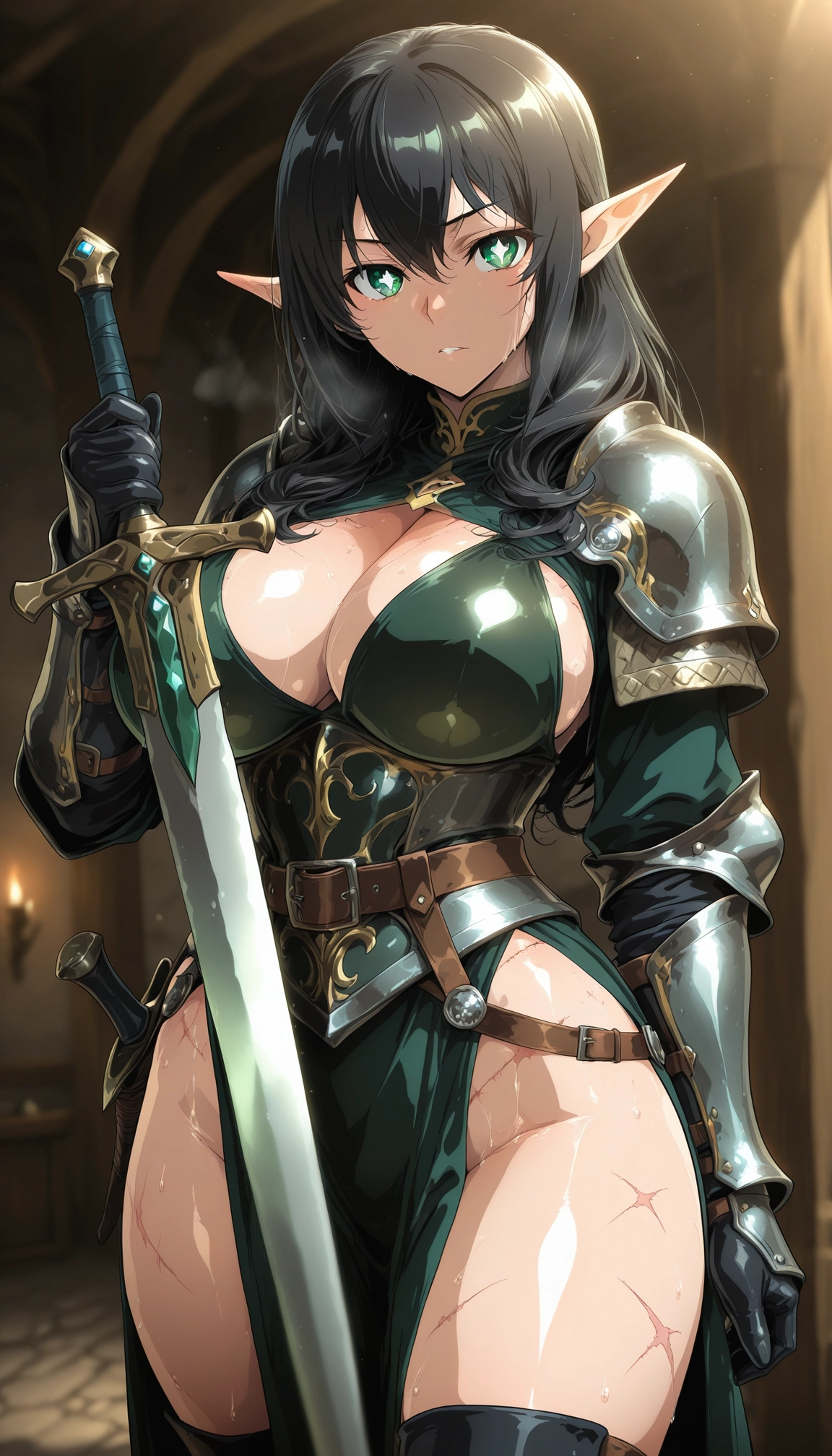 1girl, breasts, solo, pointy ears, sword, weapon · Yamete.gg