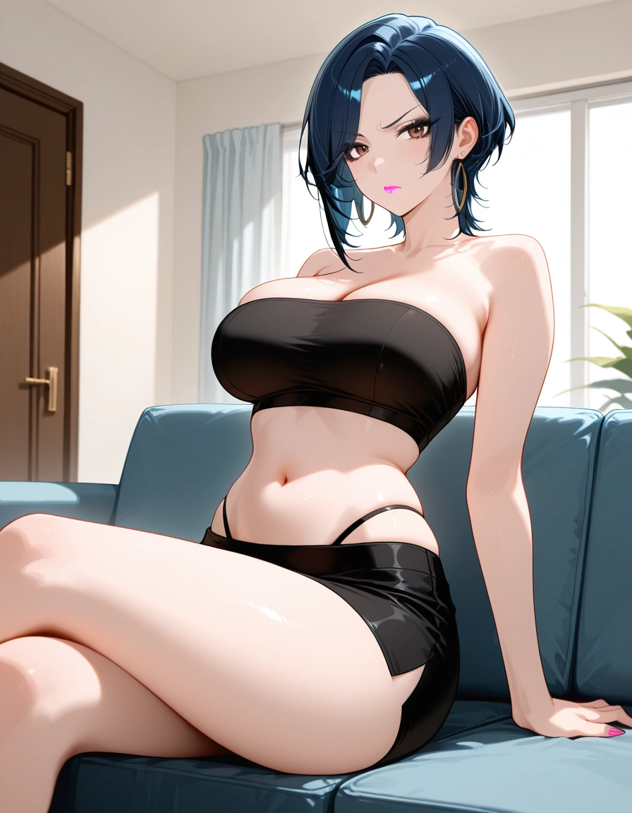 1girl, breasts, solo, large breasts, navel, crossed legs · Yamete.gg