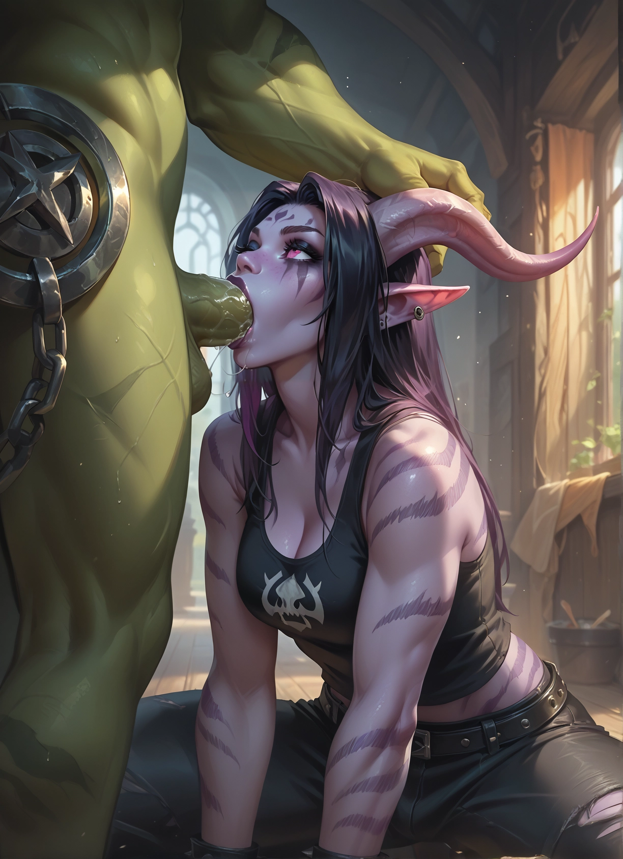 1girl, penis, oral, fellatio, horns, hetero · Yamete.gg