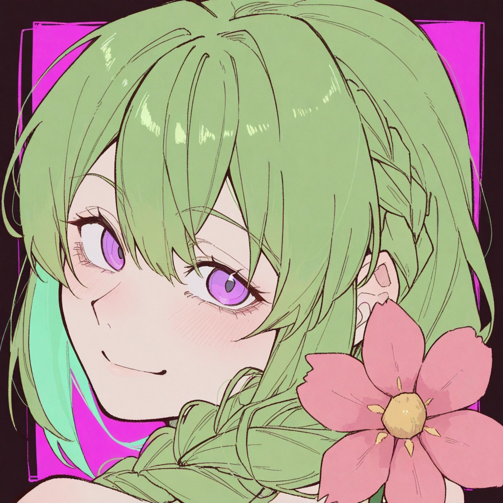 flower, solo, green hair, braid, smile, purple eyes · Yamete.gg