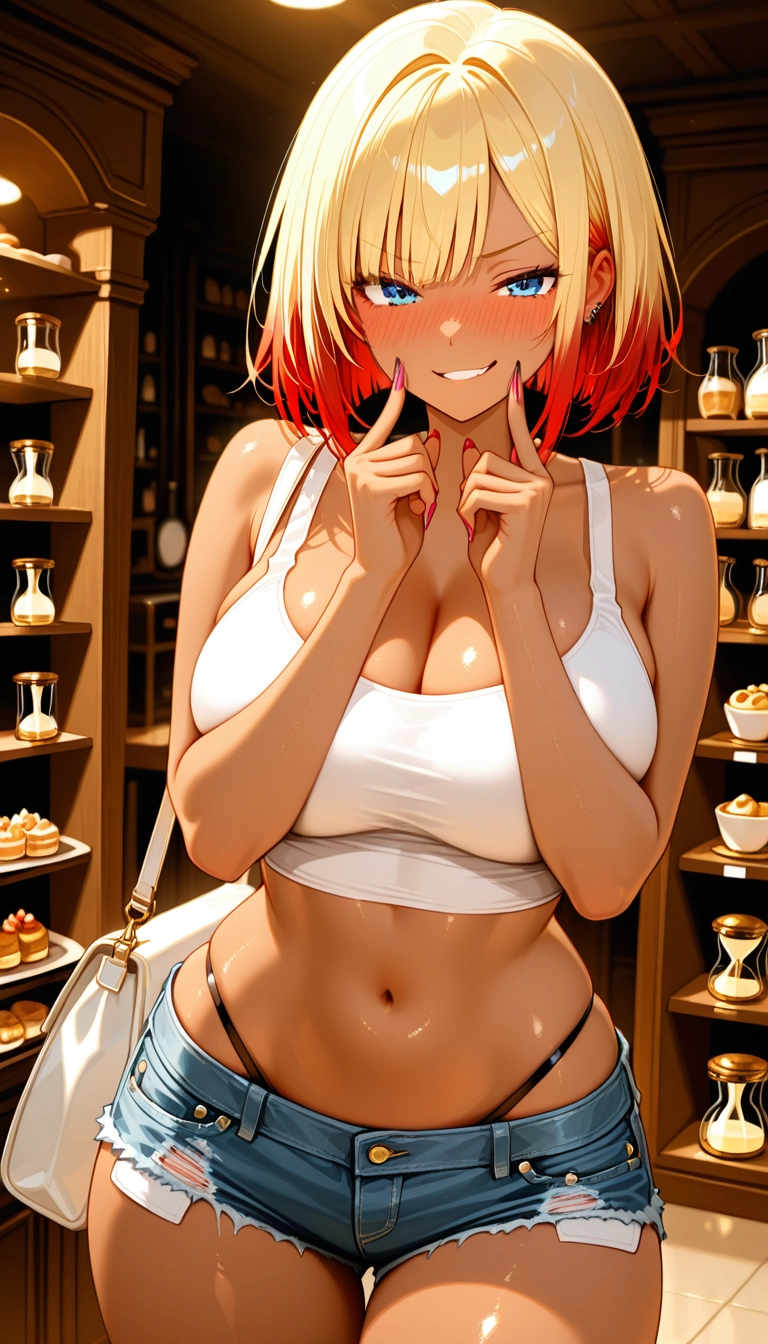 1girl, breasts, shorts, solo, navel, blonde hair · Yamete.gg
