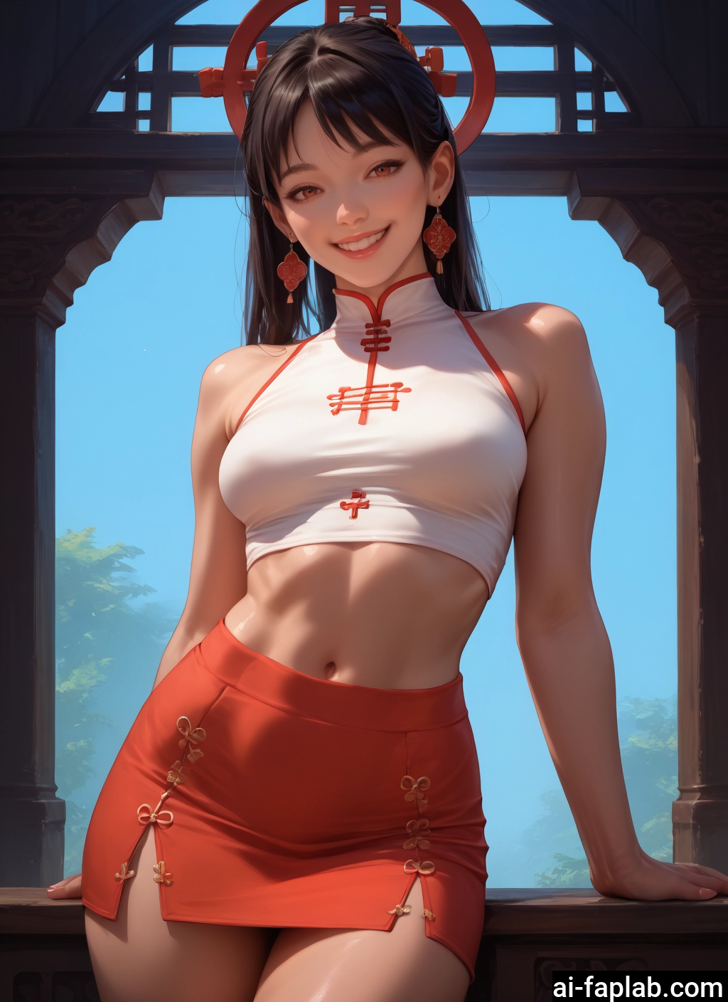 1girl, solo, navel, jewelry, earrings, smile · Yamete.gg