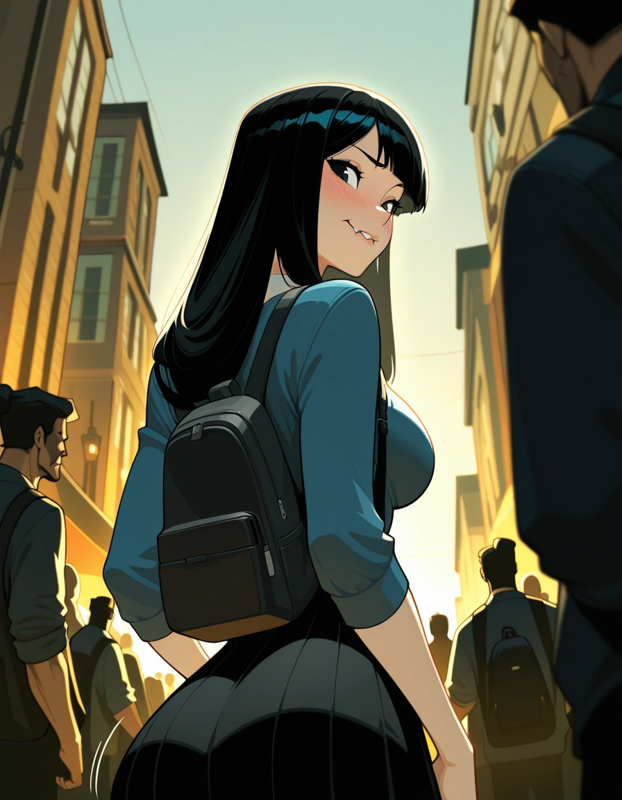 1girl, lip biting, black hair, ass, backpack, breasts · Yamete.gg