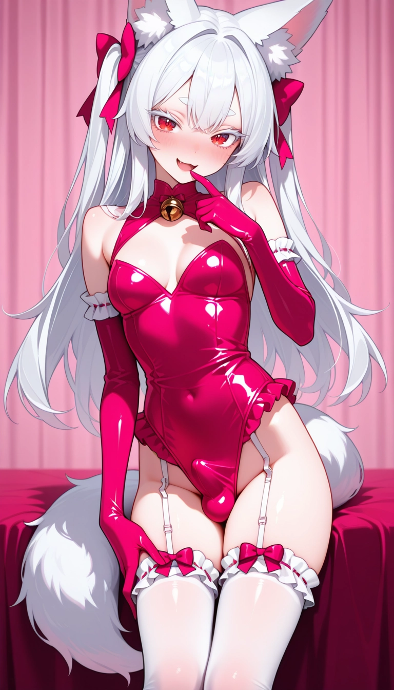 thighhighs, bulge, gloves, solo, red eyes, animal ears · Yamete.gg