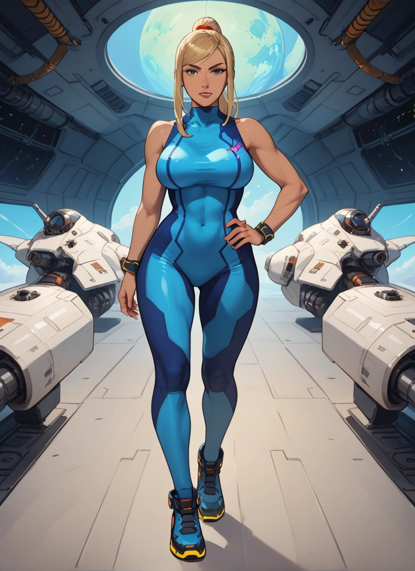 1girl, blonde hair, breasts, ponytail, bodysuit, hand on hip · Yamete.gg
