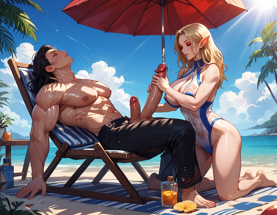 1girl, penis, outdoors, 1boy, blonde hair, pointy ears · Yamete.gg