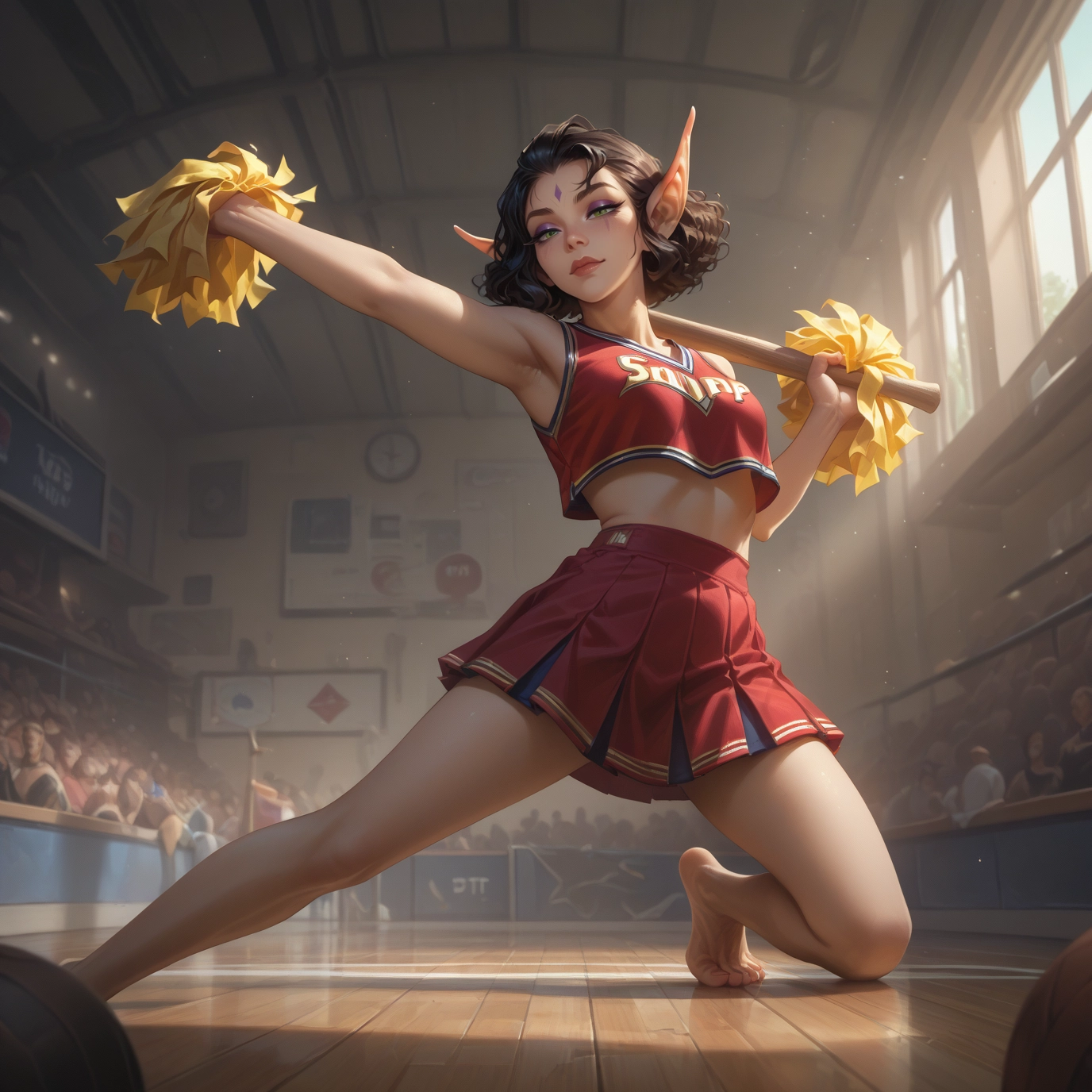 pointy ears, 1girl, cheerleader, skirt, barefoot, pom pom (cheerleading) · Yamete.gg